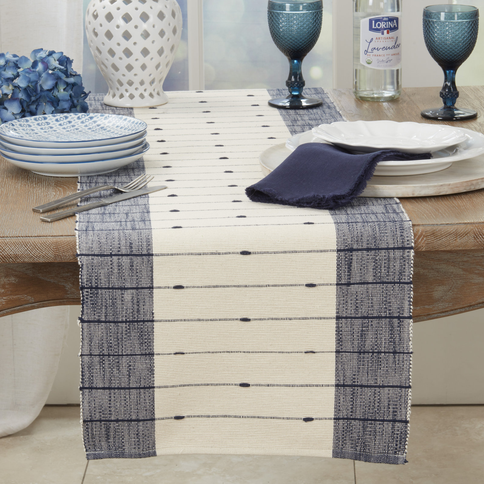 Almazan 72" Cotton Table Runner, Navy Blue