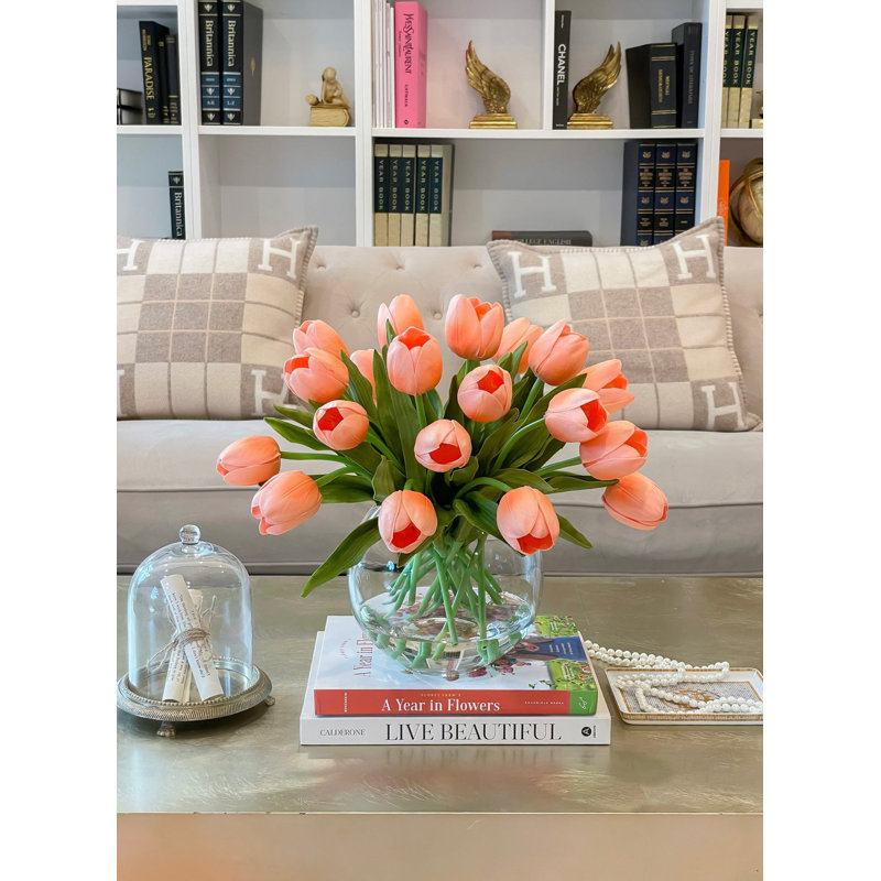 Real Touch Tulip Table Centerpiece In Bubble Glass Vase, Green