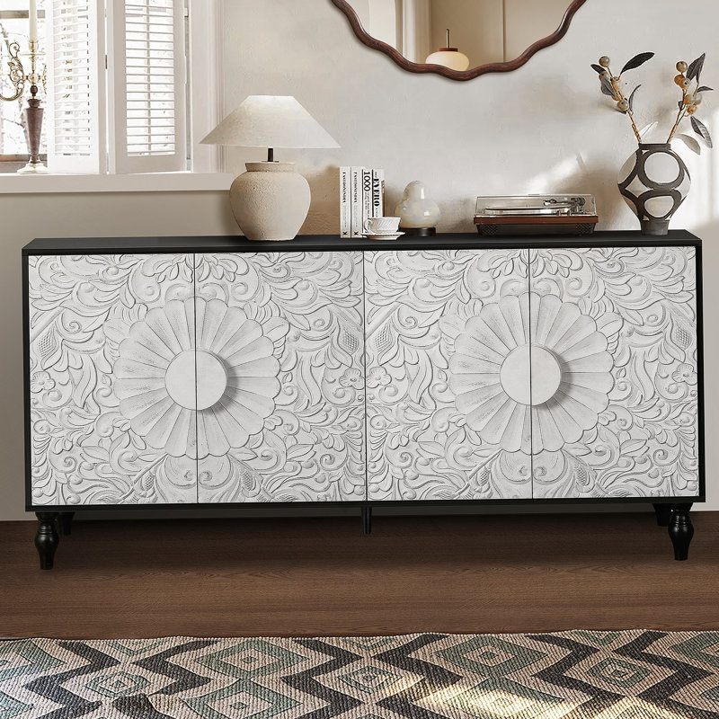 Carved Symmetrical Design Door And Wood Coloured Frame For TV Stand Table, Black White