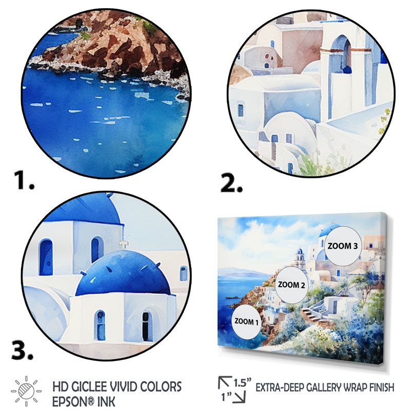 Art mural bleu et blanc Santorini II - Grèce, Cadre flottant noir, H 12 po x l 20 po x P 1 po
