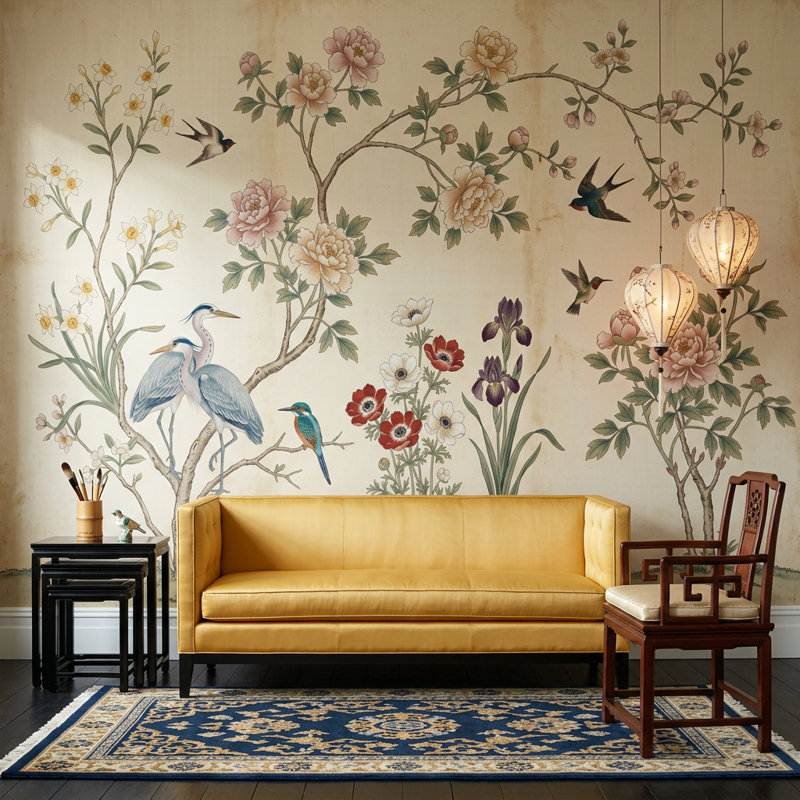 Papier peint botanique amovible chinois, 160 po x 108 po, Texturé non collé