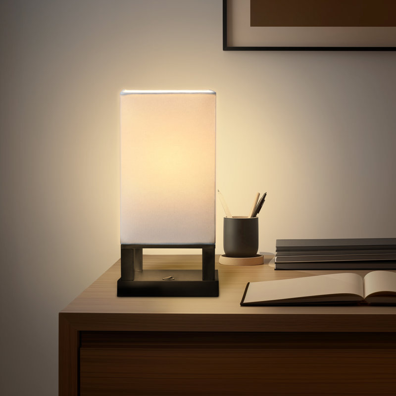 Maxwell 14 in. Mid-Century Modern LED Bedside Table Lamp with Fabric Square Shade