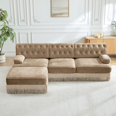 3-Seater High Quality Velvet Fabric,Cloud Modular Sectional,Tassel Skirt,Button Tufted Design,High-Density High Resilience Foam,Easy To Assemble,Premium Wooden Base,For Living Room Study
