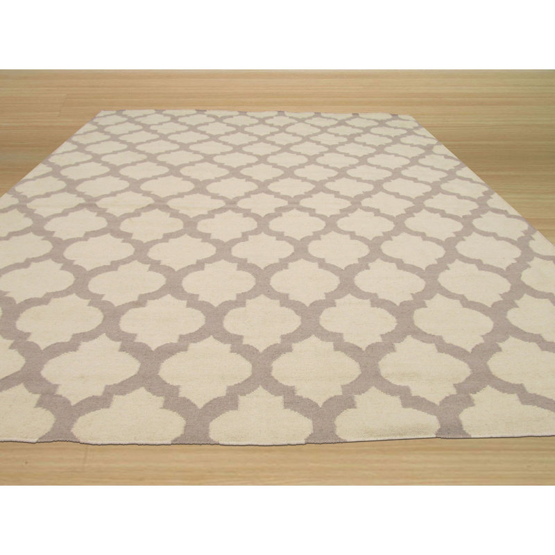 Tapis ivoire moderne à motif géométrique en laine à motif quadrilobe neutre tissé à plat, 10 pi x 14 pi