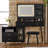 Modern Makeup Vanity Desk with Mirror and Lights, Retractable Dressing Table with Drawers and Cabinet, Compact Makeup Table Set with Power Outlet for Bedroom, Black-1895486684
