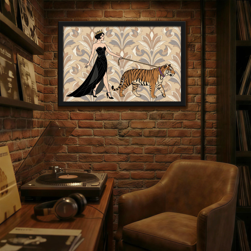 Animaux en robe avec un tigre en laisse, H 12 po x l 18 po