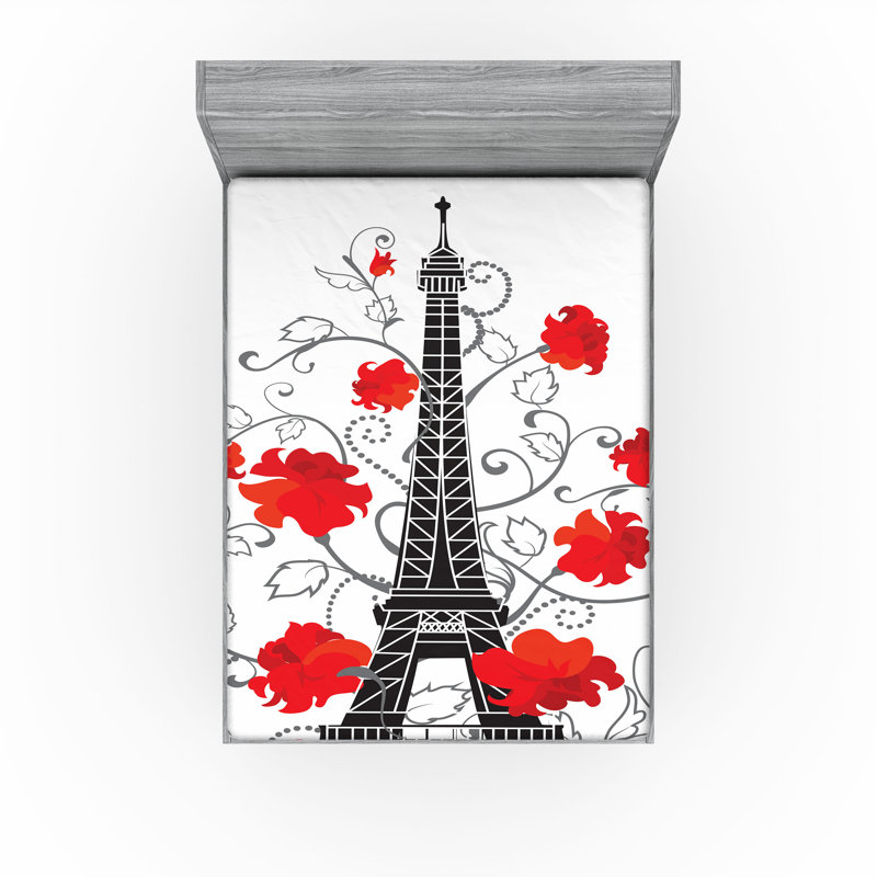 Ensemble de 2 draps-housse Ambesonne Tour Eiffel romantique Paris Art vermillon noir et gris, Drap-housse de taille double
