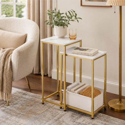 Set of 2 Nesting Faux Marble End Tables, Stacking Side Tables with Fabric Storage Basket, Gold and white