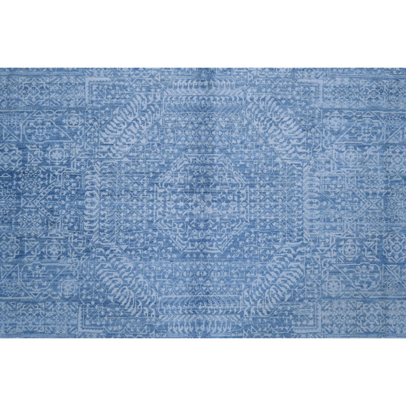 Hand Knotted Wool Area Rug in Blue