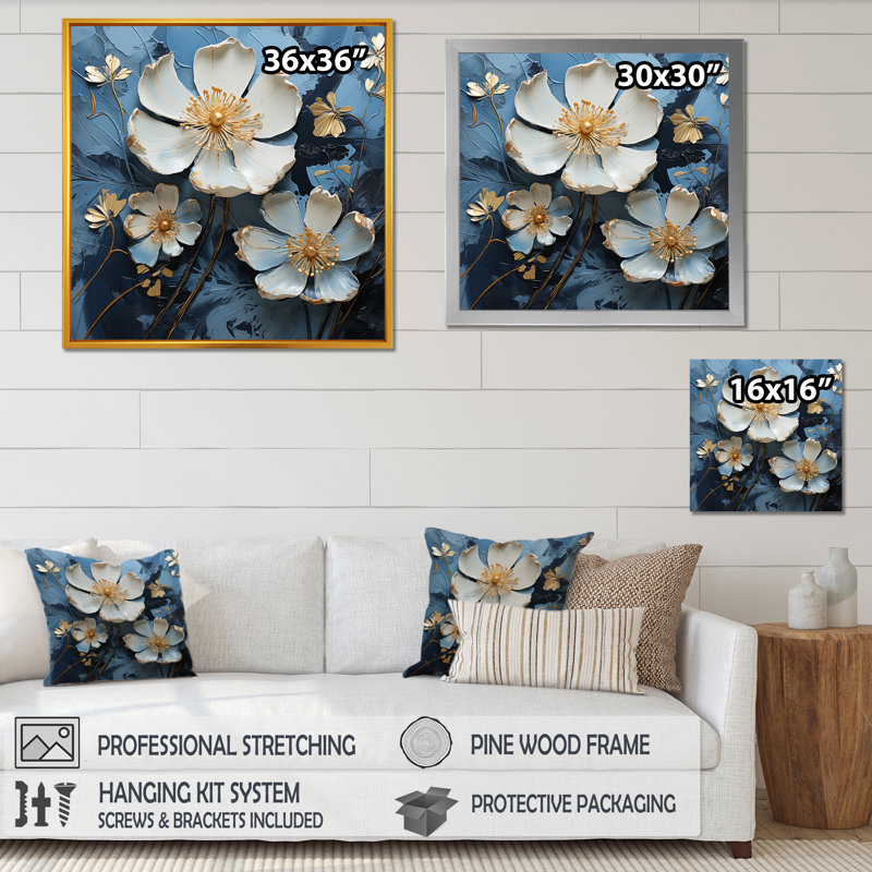 «White and Blue Buttercups Minimalisme IV», reproduction d'art sur toile, Cadre flottant doré, H 16 po x l 16 po x P 1 po