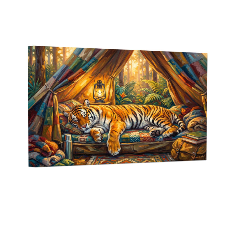 Animaux, tigre, dormant dans une tente colorée avec lanterne, H 12 po x l 18 po, Toile tendue, Ne s’applique pas