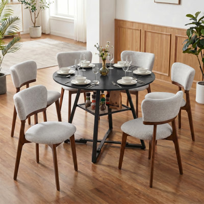 Industrial Round 42in Black Dining Table & 6-piece Light Gray Upholstered Solid Wood Dining Chair, Fixed Kitchen Table With Mesh Storage Shelf And Cro