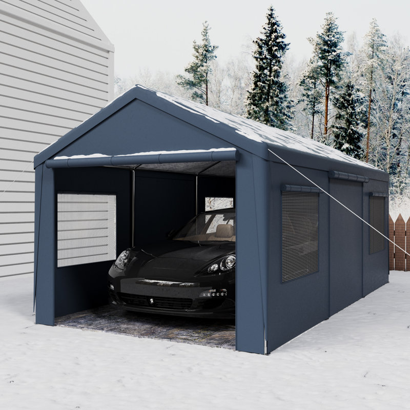 10 pi. L 20 pi. Auvent de garage portatif en acier galvanisé D Carport, Noir, Noir