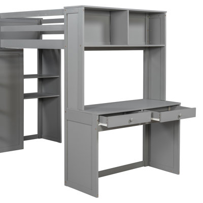 Lit mezzanine simple avec lit autonome, tablettes, bureau et garde-robe gris