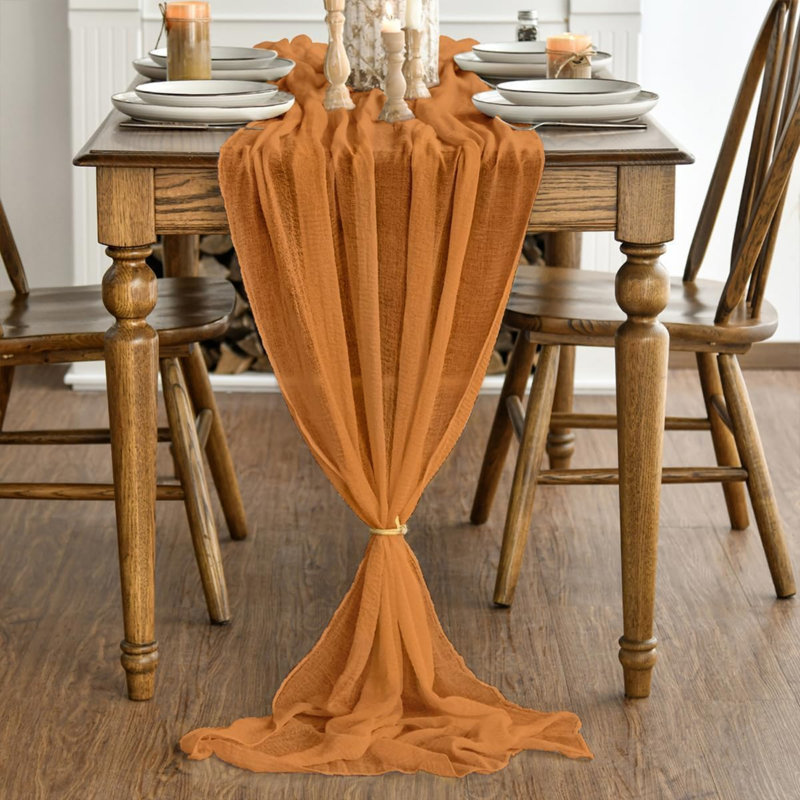Orange Boho Gauze Wedding Cheesecloth Table Runner 300 cm | Seasonal Autumn Fall Bridal Fabric Kitchen Dining Holiday Table Decor for Home Party