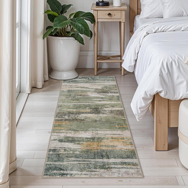Wide Kitchen Rugs Washable - Modern Abstract Hallway Rug Ultra Soft Non Slip Carpet for Bedroom Kitchen Laundry Low Pile Home Decor Indoor Floor Mat for Entryway Bathroom Green