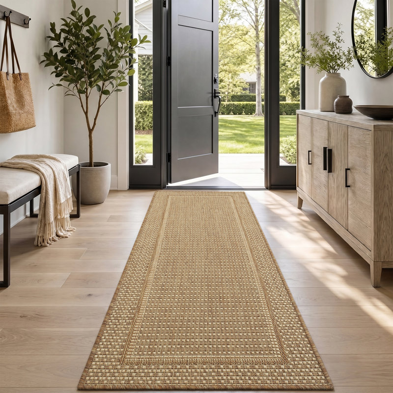 Tapis de corridor géométrique beige/brun résistant aux UV pour intérieur/extérieur, Runner 2' x 10'