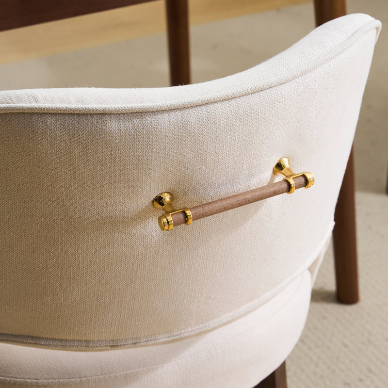 Linen Upholstered Dining Chair With Wooden Armrests And Curved Solid Wood Legs