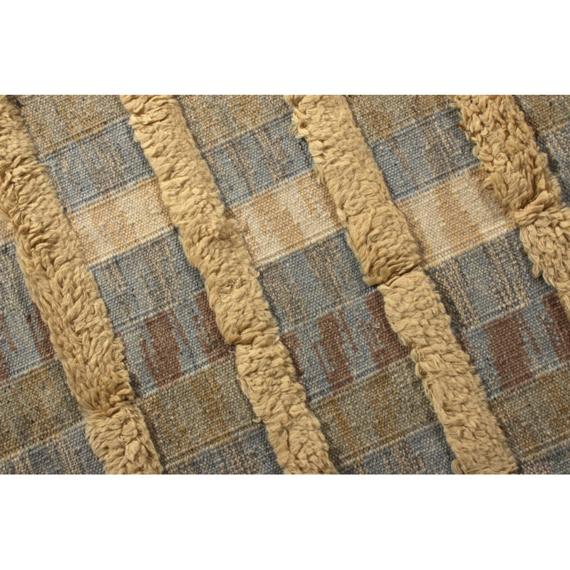 Rug & Kilim’S Scandinavian Rug With High-And-Low Stripes In Beige And Blue, Rectangle 12' x 15'