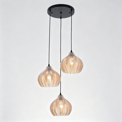 3-Light Cluster Pendant Light with Textured Woven Glass Shades, Adjustable Hanging Cord, Modern Farmhouse Hanging Chandelier, Bulb Not Included