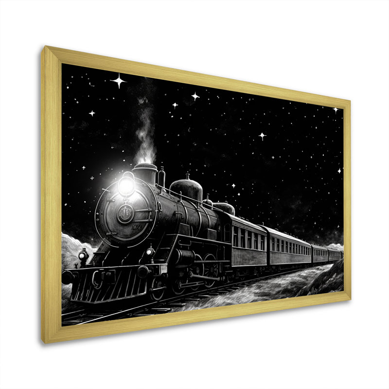Train noir et blanc II - train, art mural, H 24 po x l 32 po x P 1 po, Cadre doré à coins fermés