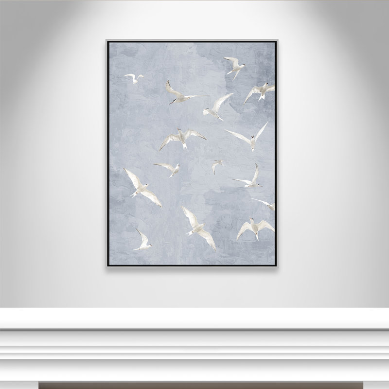 «Flight Flight», impression grise par Kimberly Allen, L 31,5 po x H 41,5 po, Flottant argenté