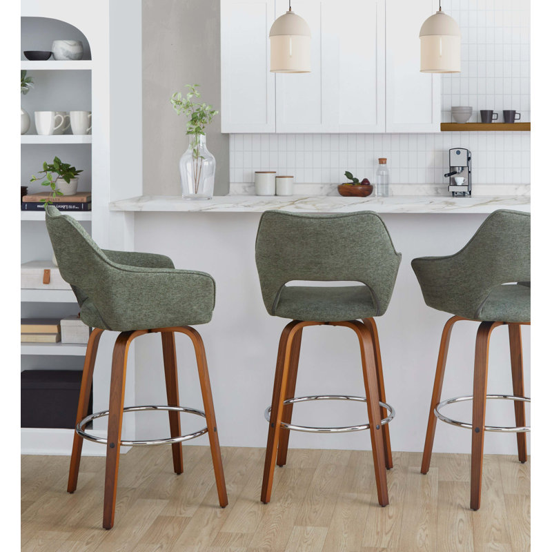 Tabouret de bar à hauteur fixe avec pivot en bois et tissu avec repose-pieds en métal chromé - ensemble de 2, Vert