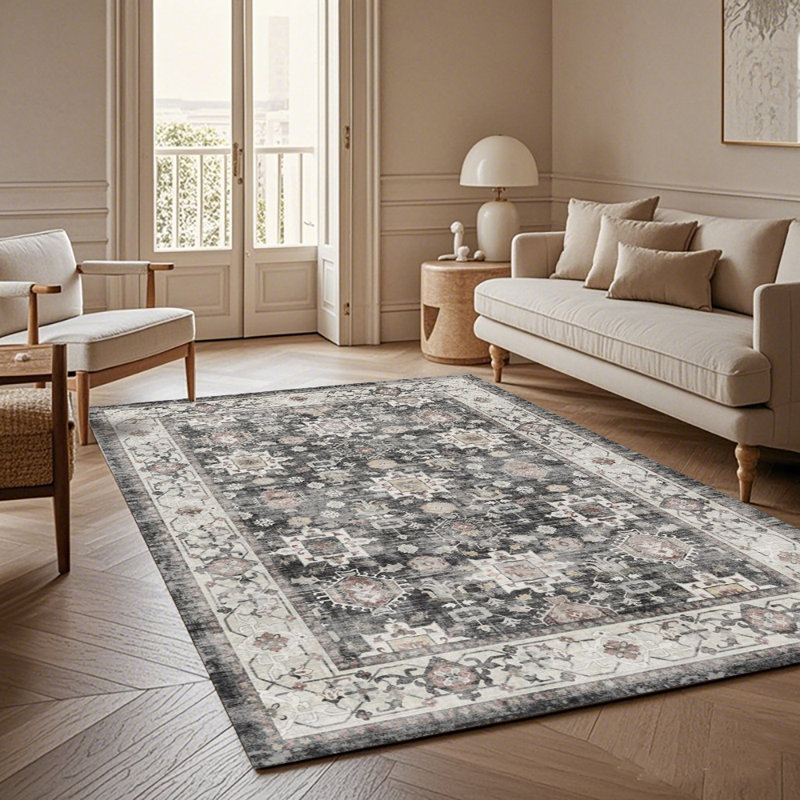 Vintage Area Rug, Bohemian Indoor Outdoor Carpet with Retro Floral Pattern, Durable Washable Rug for Living Room, Bedroom, Patio, Farmhouse