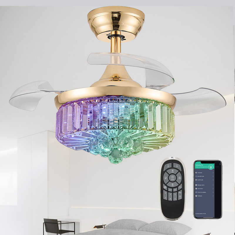 Ventilateur de plafond rétractable en cristal 30 "avec lumière RVB, Doré