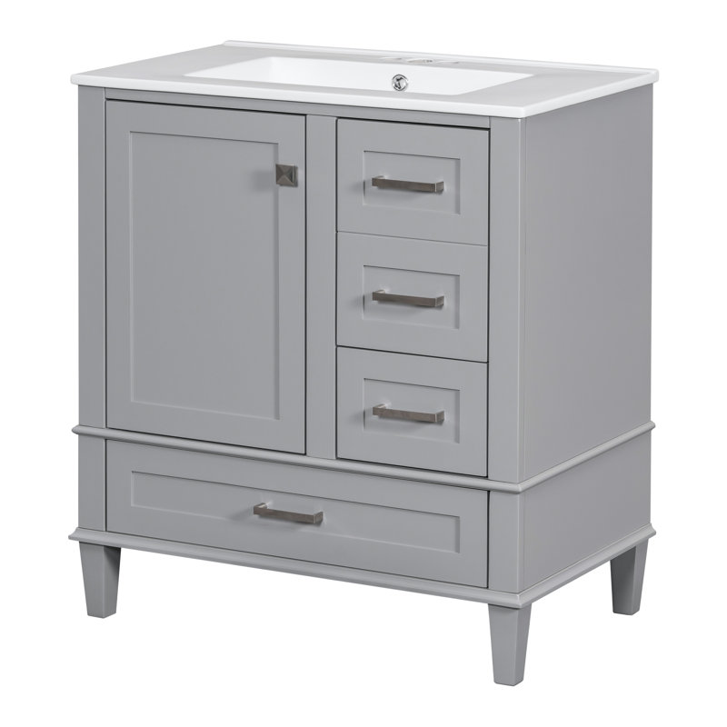 Meuble-lavabo de 30 po en gris, armoire en bois massif moderne avec lavabo, 3 tiroirs et porte à fermeture en douceur pour meuble-lavabo gris, bois, silencieux