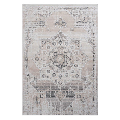 Tapis tissé et collection 6 x 9, aspect médaillon crème / beige, ne perd pas ses poils, teint, décore la chambre à coucher, le salon, la salle à manger, le tapis de bureau, la décoration, orne la salle à manger