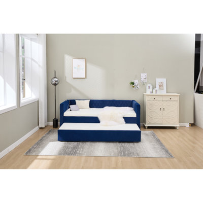 Lit de jour en velours bleu marine, structure de lit en bois robuste, conception coulissante en grille de diamant moderne, parfaite pour les meubles de chambre à coucher et de salon