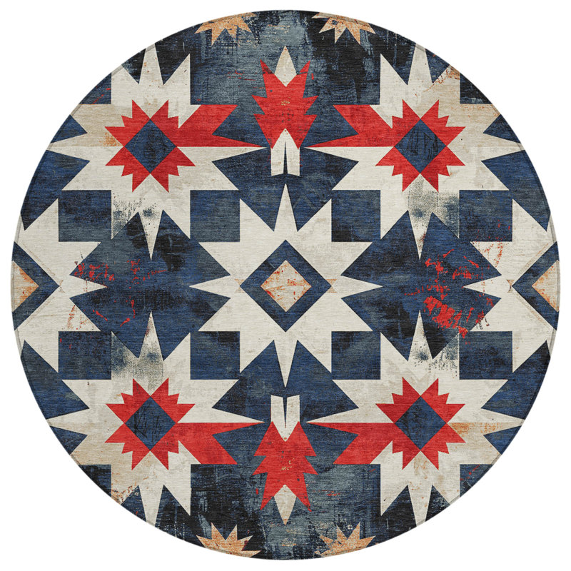 Machine Washable Indoor/Outdoor Xhevrie Navy Rug, Round 8'