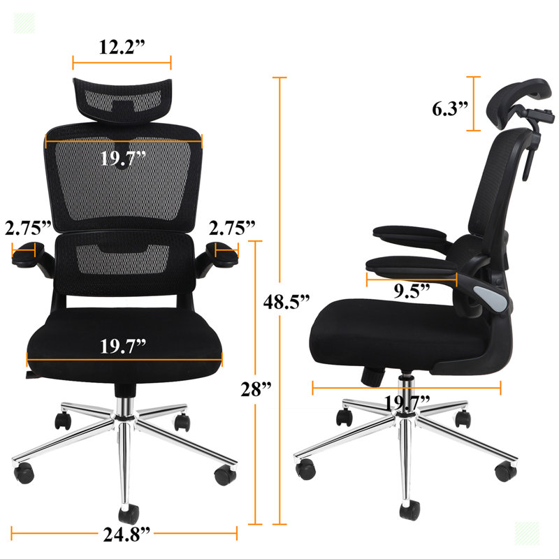 Chaise de bureau ergonomique en filet avec accoudoirs rabattables, Noir