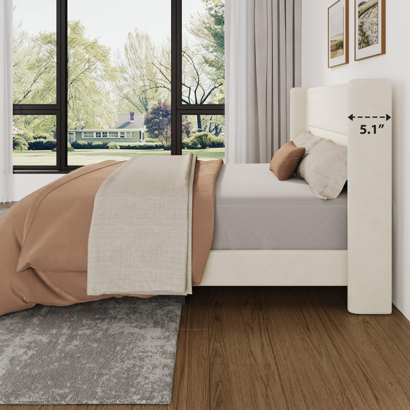 Structure de lit plateforme avec tête de lit, aucun sommier nécessaire, Lit double, Beige
