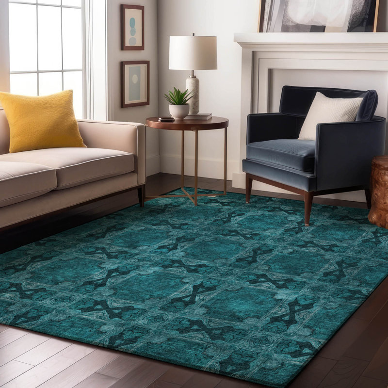 Premium Machine Washable Cerrito AMF564 Teal Rug, Rectangle 3' x 5'