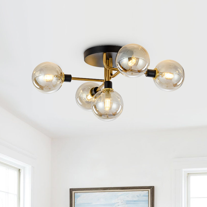 Wetumpka 5-Light Industrial Glass Globe Semi Flush Mount Ceiling Light, Amber