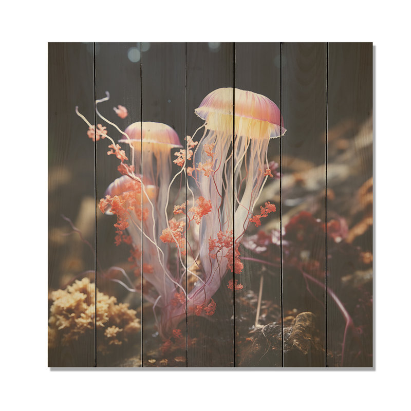 Yellow & Pink Ethereal Elegance Jellyfish In Color - Jellyfish On Wood Print, 15" H x 15" W