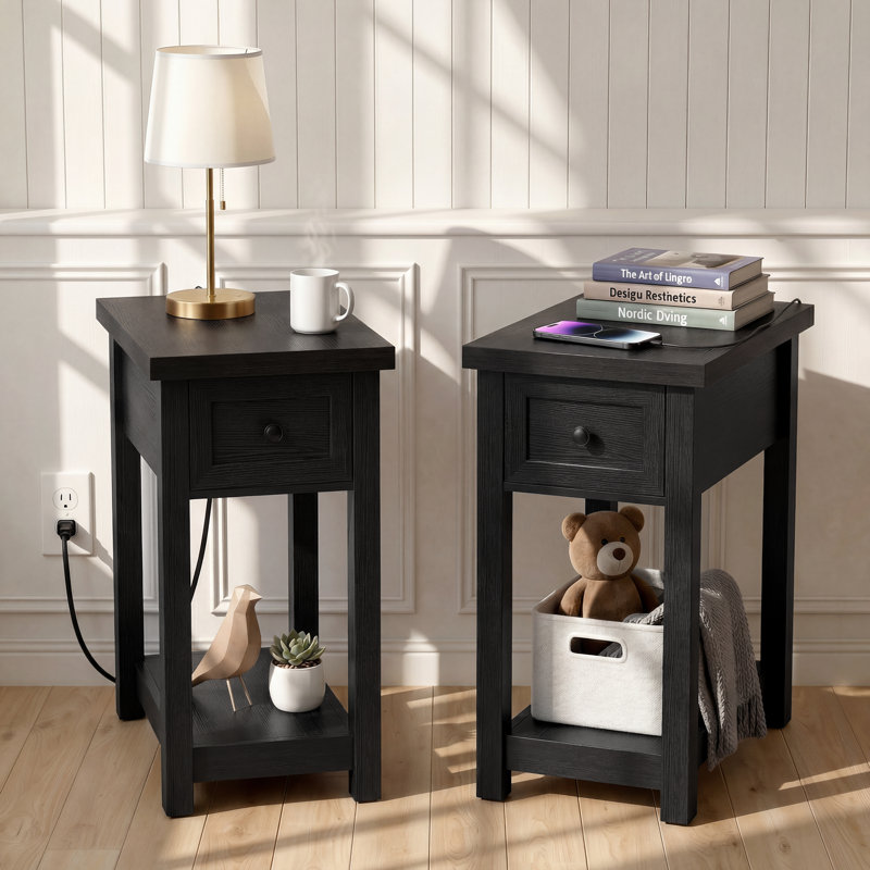 Table d'appoint étroite avec tiroir et tablettes, Noir, 2