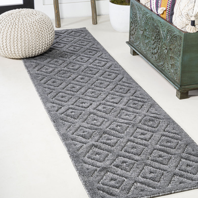 Portmany Neutral Diamond Trellis Dark Gray Indoor/Outdoor Rug, Runner 2'2" X 8'