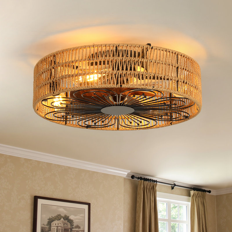 Arachne 19.7'' Farmhouse Caged Ceiling Fan with Light & Remote, Handwoven Rattan Shade, 5 LED Bulbs Included, Low Profile Ceiling Fan for Bedroom & Kitchen