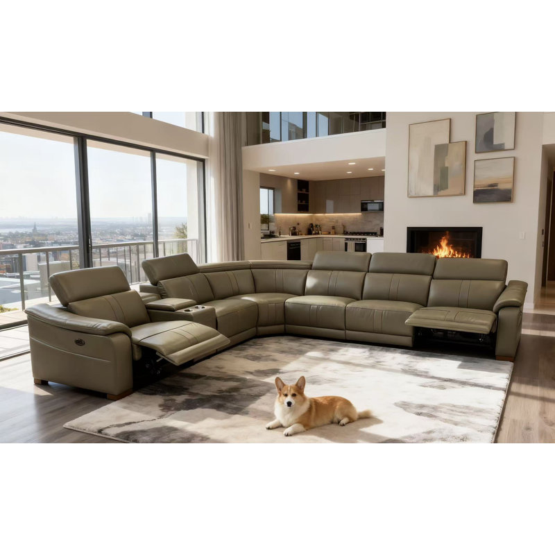 Barnemouth Leather Recliner Theater Set, Olive Leather Match, 31.5'' H X 126.5'' W X 112.5'' D