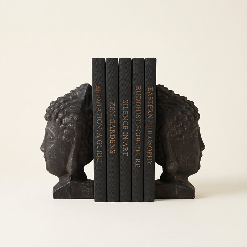 Serre-livres tête de Bouddha en fonte 2 pièces - Porte-livres sculpturaux rustiques zen