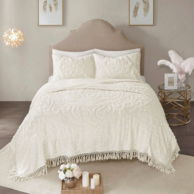 Couvre-lit à médaillon en coton chenille, Édredon très grand + 2 taies décoratives, Blanc cassé