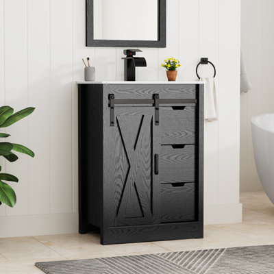 24" Bathroom Vanity With Sink, Faucet, Mirror, Sliding Barn Door, And Drawers