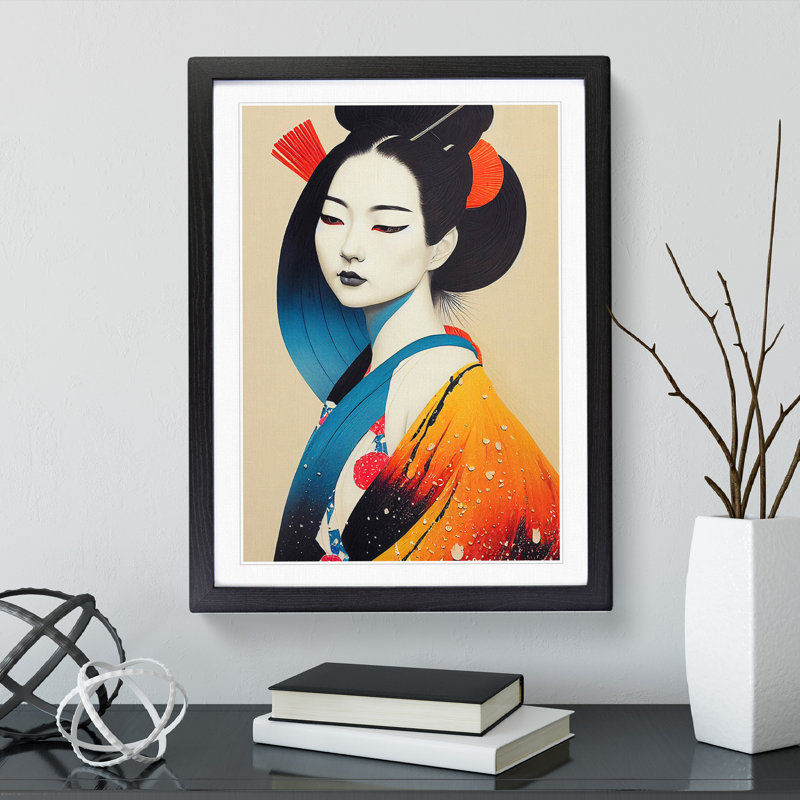 Colourful Geisha No.2 - Single Picture Frame Painting, Black, 34cm H x 25cm W x 2cm D