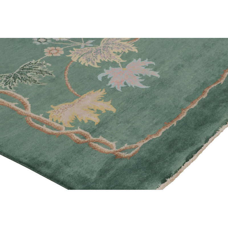 Rug & Kilim’S Chinese Art Deco Rug In Green With Brown And Blue Floral Patterns, Rectangle 8' x 10'