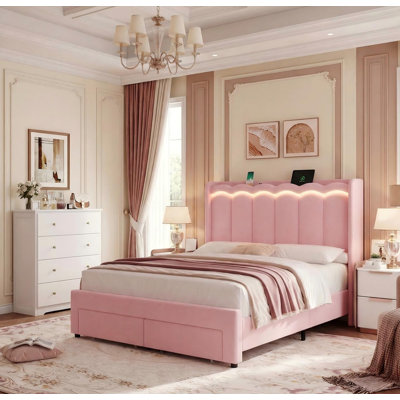 Ensemble de chambre à coucher 2 pièces, lit tapissier Wave avec lumières DEL et ports USB, commode 4 tiroirs 29 "x 37"