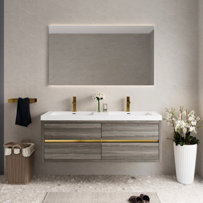 60" Wall - Mounted Double Sink Bathroom Vanity, Floating Ash Grey Cabinet Blueprint, Stone Resin Countertop Version, Smooth Soft Close Drawer Behavior, Pre Installed For Comfortable Use, Spacious