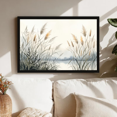 Art mural sur toile noir encadré pour le salon, la chambre à coucher, le bureau ou le vestibule - Décoration murale décorative avec paysage de roseaux